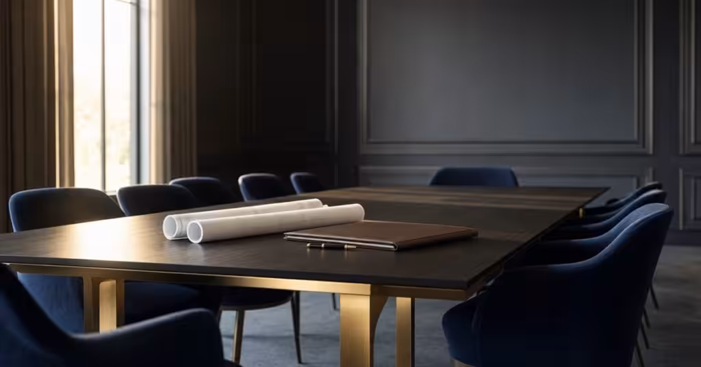 Boardroom table with rolled technical drawings and a leather document folder, set for a shortlist meeting